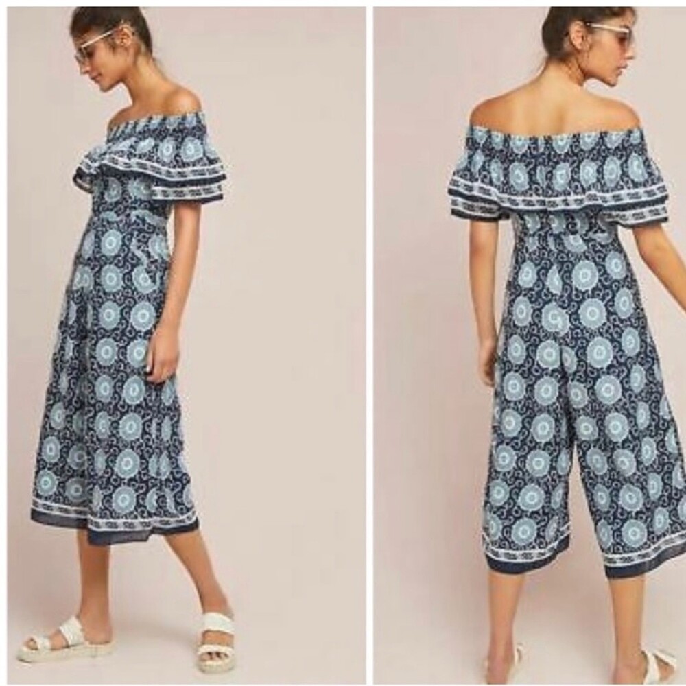 ANTHROPOLOGIE Kopal Suzani Off The Shoulder Romper Jumpsuit Blue Women's XS EUC